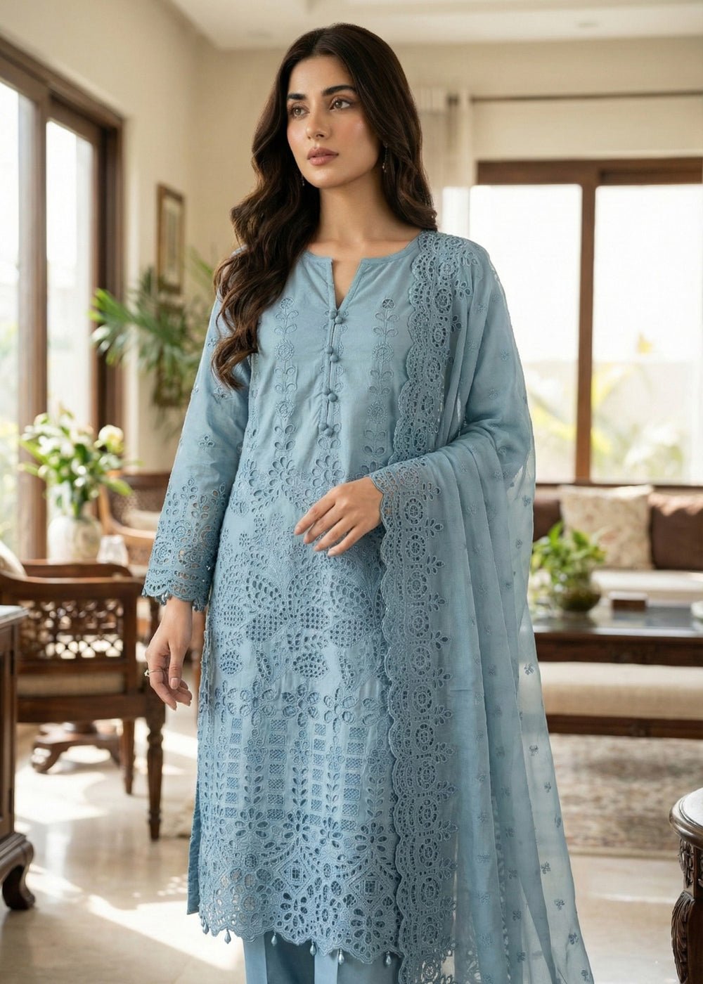 Diara Couture | Eid Lawn 26 |EID. ELIYAAR - ZD-4672-Brand:Diara Couture-Type:Ladies Clothes-Powder Blue-Cotton-House of Maryam- Buy in UK, USA