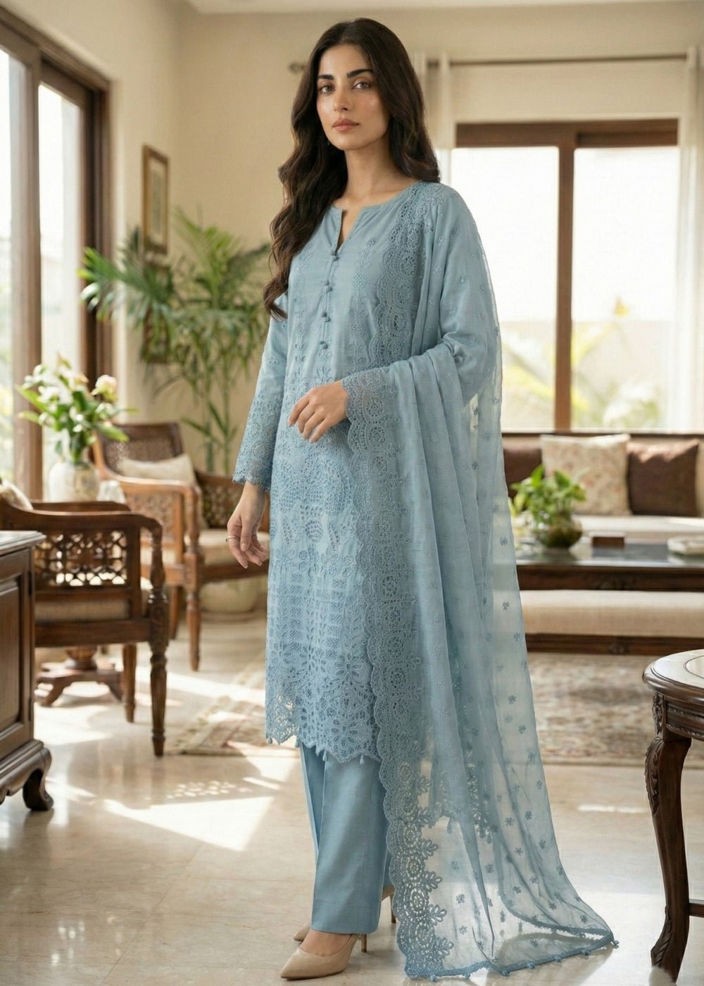 Diara Couture | Eid Lawn 26 |EID. ELIYAAR - ZD-4672-Brand:Diara Couture-Type:Ladies Clothes-Powder Blue-Cotton-House of Maryam- Buy in UK, USA