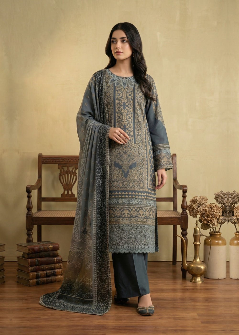 Diara Couture | Eid Lawn 26 | EID. GLEAM - ZD-19-Brand:Diara Couture-Type:Ladies Clothes-Denim Blue-Jacquard-House of Maryam- Buy in UK, USA