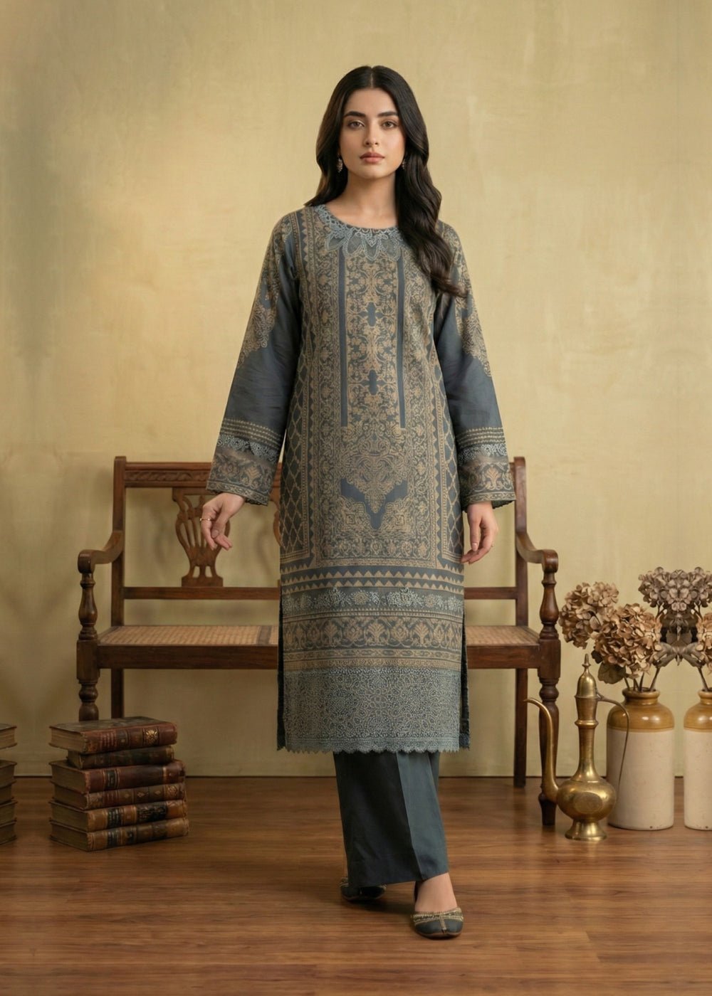 Diara Couture | Eid Lawn 26 | EID. GLEAM - ZD-19-Brand:Diara Couture-Type:Ladies Clothes-Denim Blue-Jacquard-House of Maryam- Buy in UK, USA