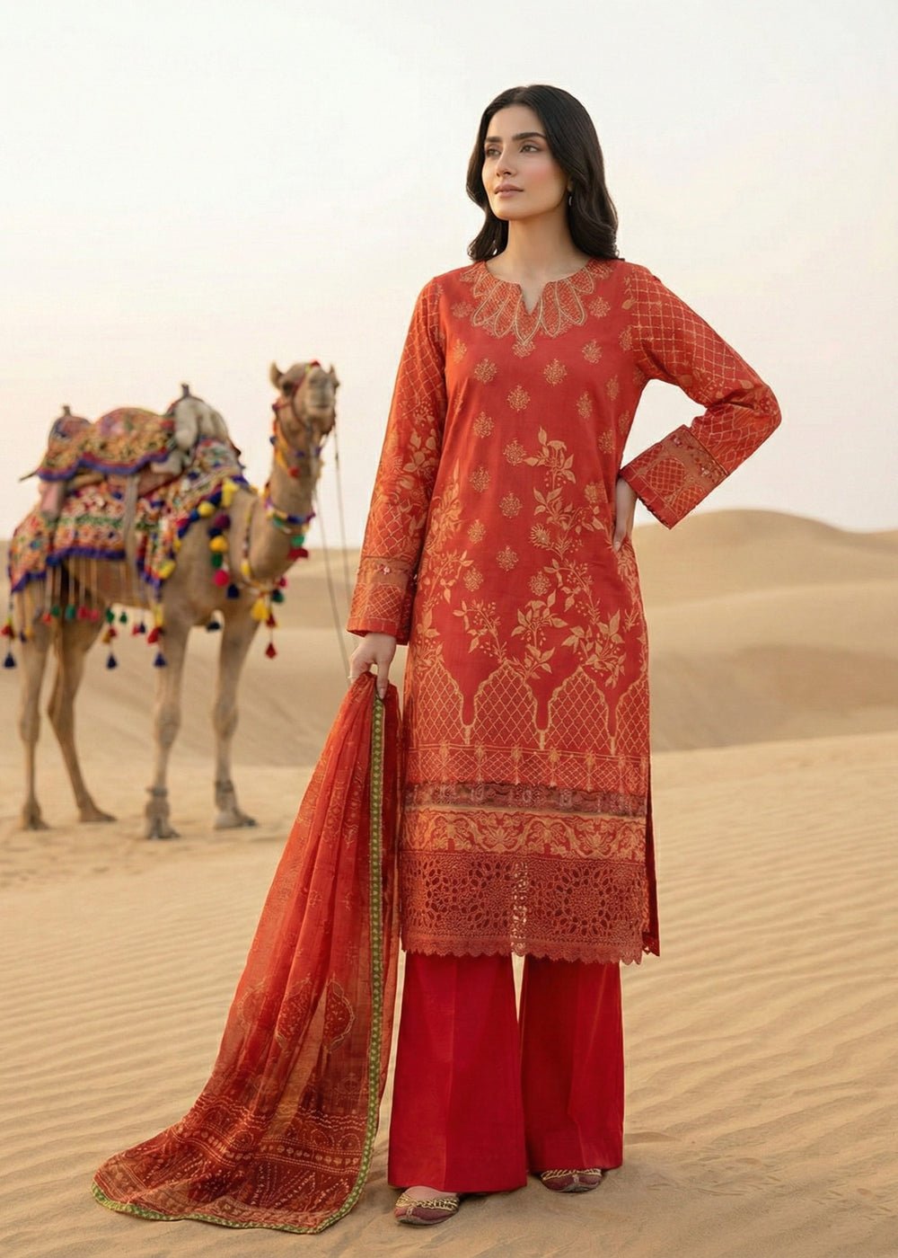 Diara Couture | Eid Lawn 26 | EID. GLEAM - ZD-19-Brand:Diara Couture-Type:Ladies Clothes-Redish Orange-Jacquard-House of Maryam- Buy in UK, USA