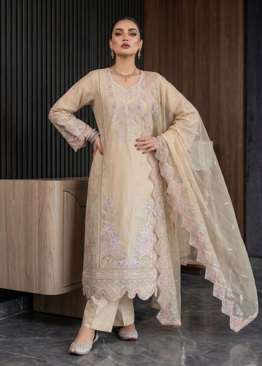 Diara Couture | Eid Lawn 26 | EID. IFFAH - LAWN-12-Brand:Diara Couture-Type:Ladies Clothes-Beige-Lawn-House of Maryam- Buy in UK, USA