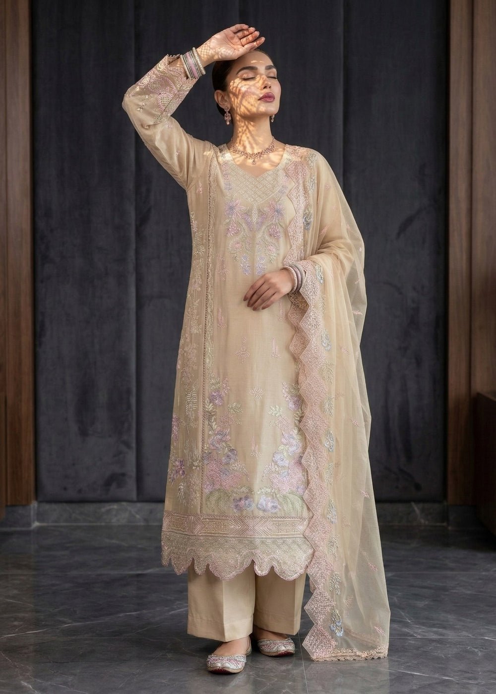 Diara Couture | Eid Lawn 26 | EID. IFFAH - LAWN-12-Brand:Diara Couture-Type:Ladies Clothes-Beige-Lawn-House of Maryam- Buy in UK, USA