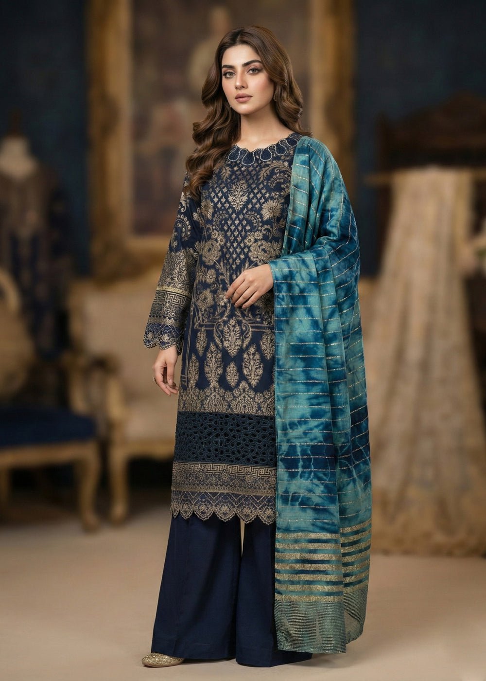 Diara Couture | Eid Lawn 26 | EID. INDIGO - ZD-20-Brand:Diara Couture-Type:Ladies Clothes-Dark Blue-Jacquard-House of Maryam- Buy in UK, USA