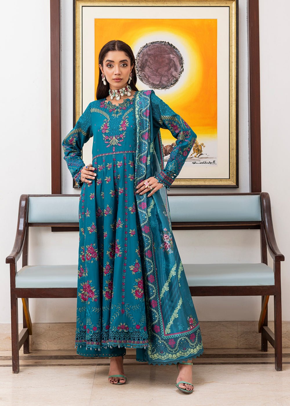 Diara Couture | Eid Lawn 26 | EID. MIRAQ - ZD-04-Brand:Diara Couture-Type:Ladies Clothes-Teal Blue-Cotton-House of Maryam- Buy in UK, USA
