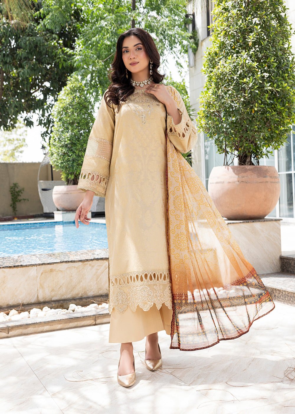 Diara Couture | Eid Lawn 26 | EID. PEARL - ZD-17-Brand:Diara Couture-Type:Ladies Clothes-Beige-Jacquard-House of Maryam- Buy in UK, USA