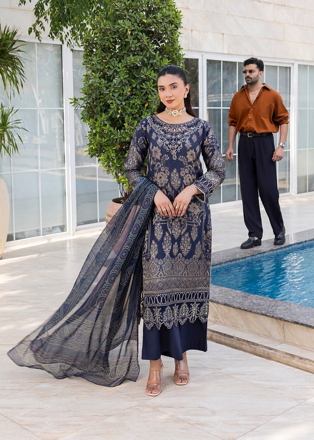 Diara Couture | Eid Lawn 26 | EID. PEARL - ZD-17-Brand:Diara Couture-Type:Ladies Clothes-Navy Blue-Jacquard-House of Maryam- Buy in UK, USA