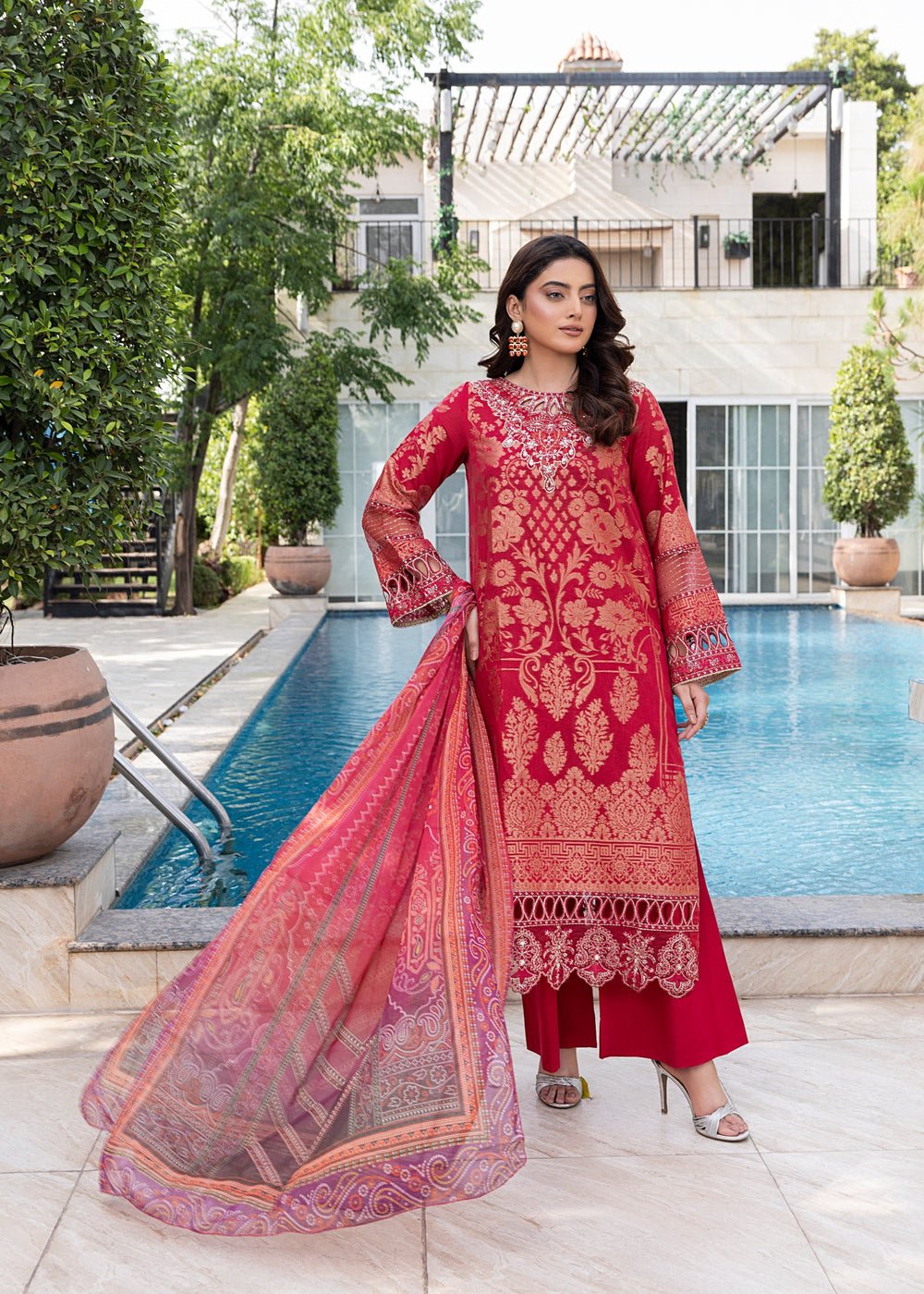 Diara Couture | Eid Lawn 26 | EID. PEARL - ZD-17-Brand:Diara Couture-Type:Ladies Clothes-Red-Jacquard-House of Maryam- Buy in UK, USA