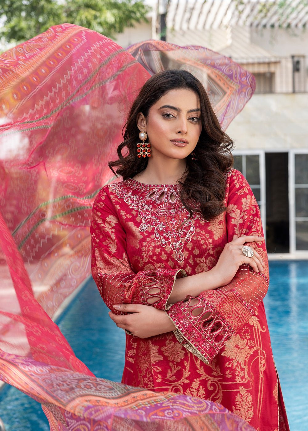 Diara Couture | Eid Lawn 26 | EID. PEARL - ZD-17-Brand:Diara Couture-Type:Ladies Clothes-Red-Jacquard-House of Maryam- Buy in UK, USA