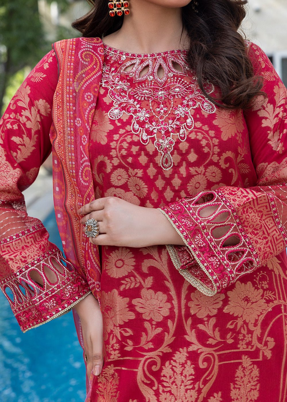 Diara Couture | Eid Lawn 26 | EID. PEARL - ZD-17-Brand:Diara Couture-Type:Ladies Clothes-Red-Jacquard-House of Maryam- Buy in UK, USA