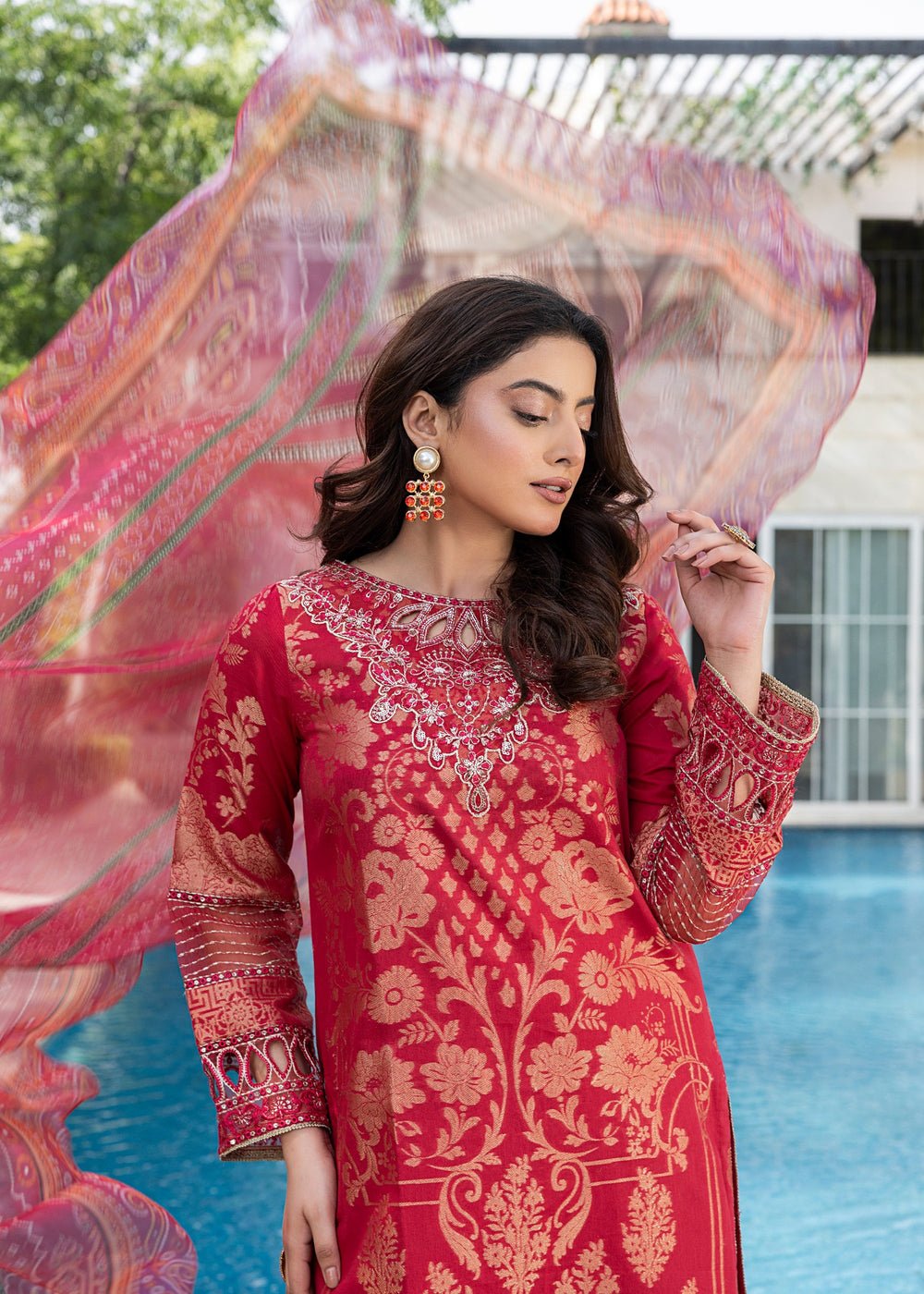 Diara Couture | Eid Lawn 26 | EID. PEARL - ZD-17-Brand:Diara Couture-Type:Ladies Clothes-Red-Jacquard-House of Maryam- Buy in UK, USA