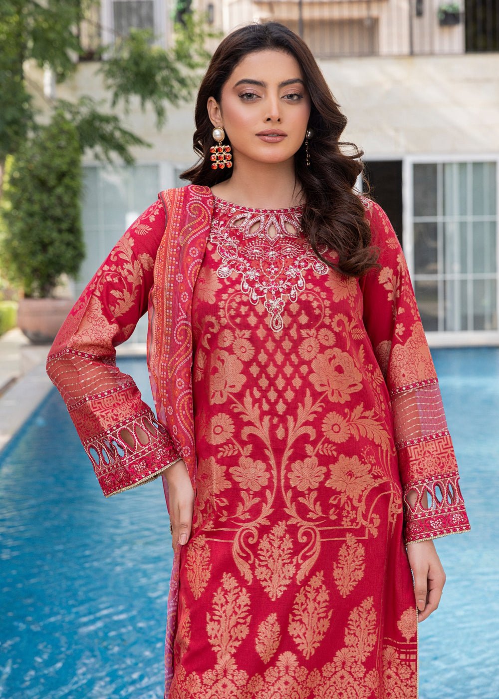 Diara Couture | Eid Lawn 26 | EID. PEARL - ZD-17-Brand:Diara Couture-Type:Ladies Clothes-Red-Jacquard-House of Maryam- Buy in UK, USA