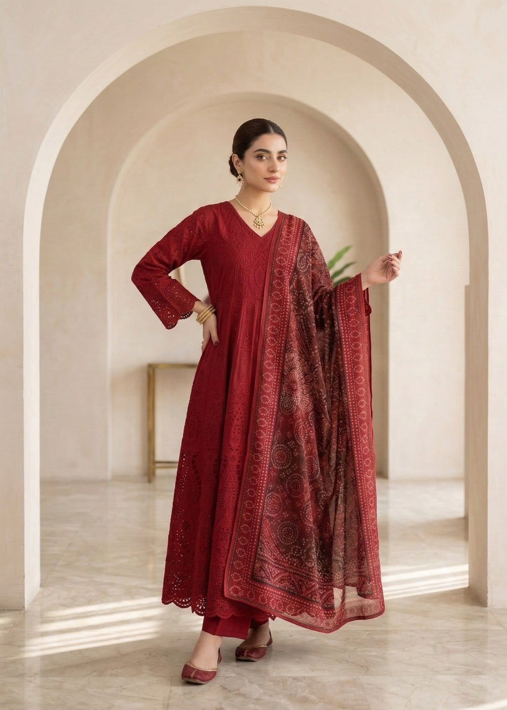 Diara Couture | Eid Lawn 26 | EID. RIHAM - C-4780-Brand:Diara Couture-Type:Ladies Clothes-Deep Red-Cotton-House of Maryam- Buy in UK, USA