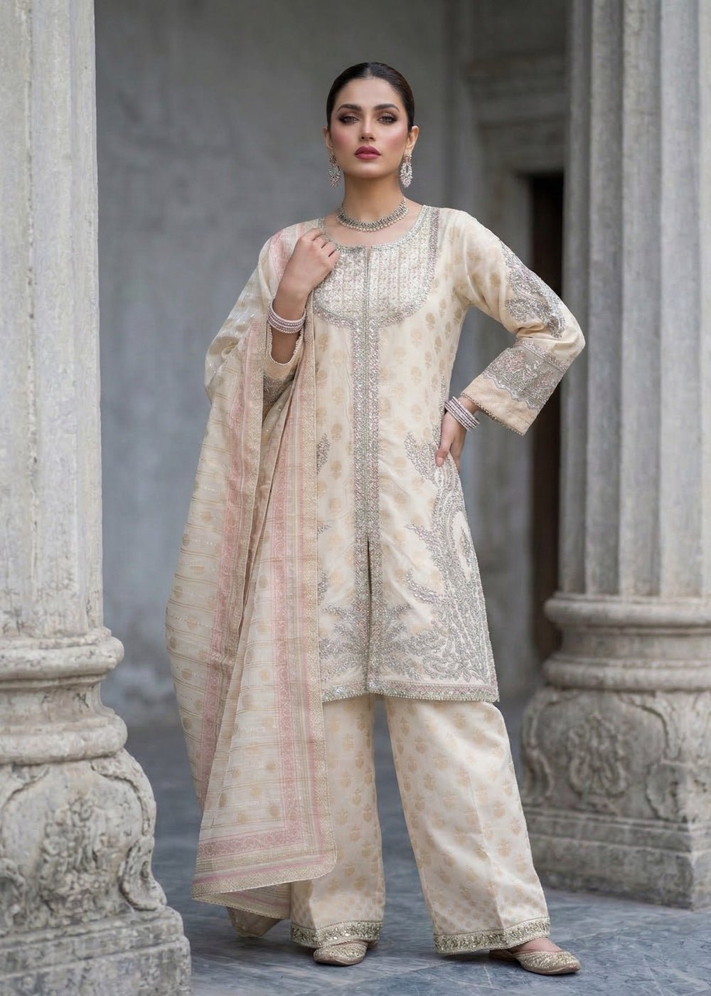 Diara Couture | Eid Lawn 26 | EID. SHARMEEN-Brand:Diara Couture-Type:Ladies Clothes-Ivory-Jacquard-House of Maryam- Buy in UK, USA