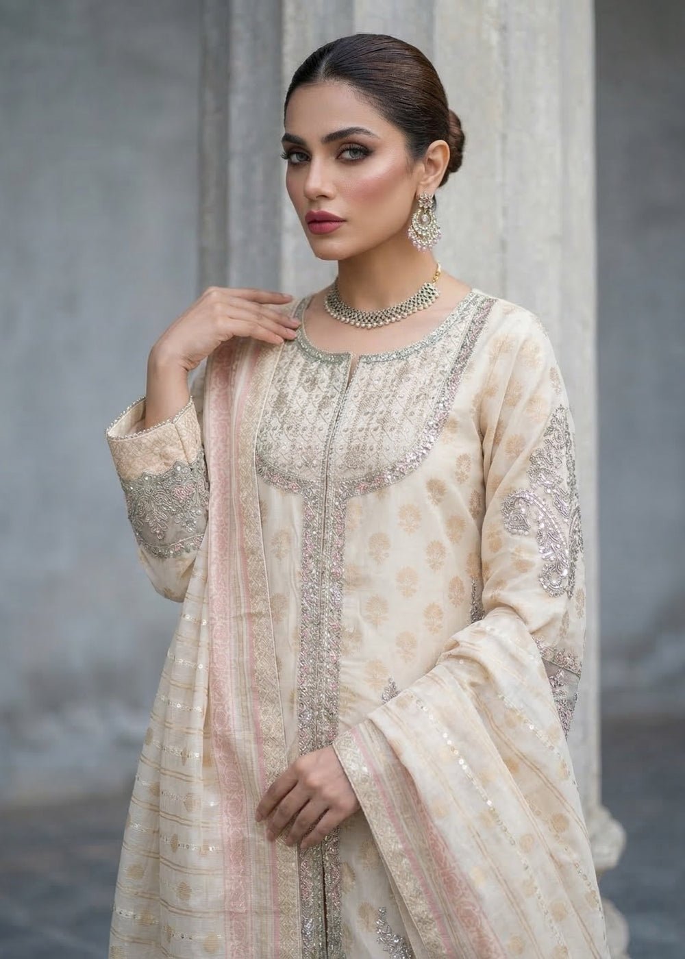 Diara Couture | Eid Lawn 26 | EID. SHARMEEN-Brand:Diara Couture-Type:Ladies Clothes-Ivory-Jacquard-House of Maryam- Buy in UK, USA