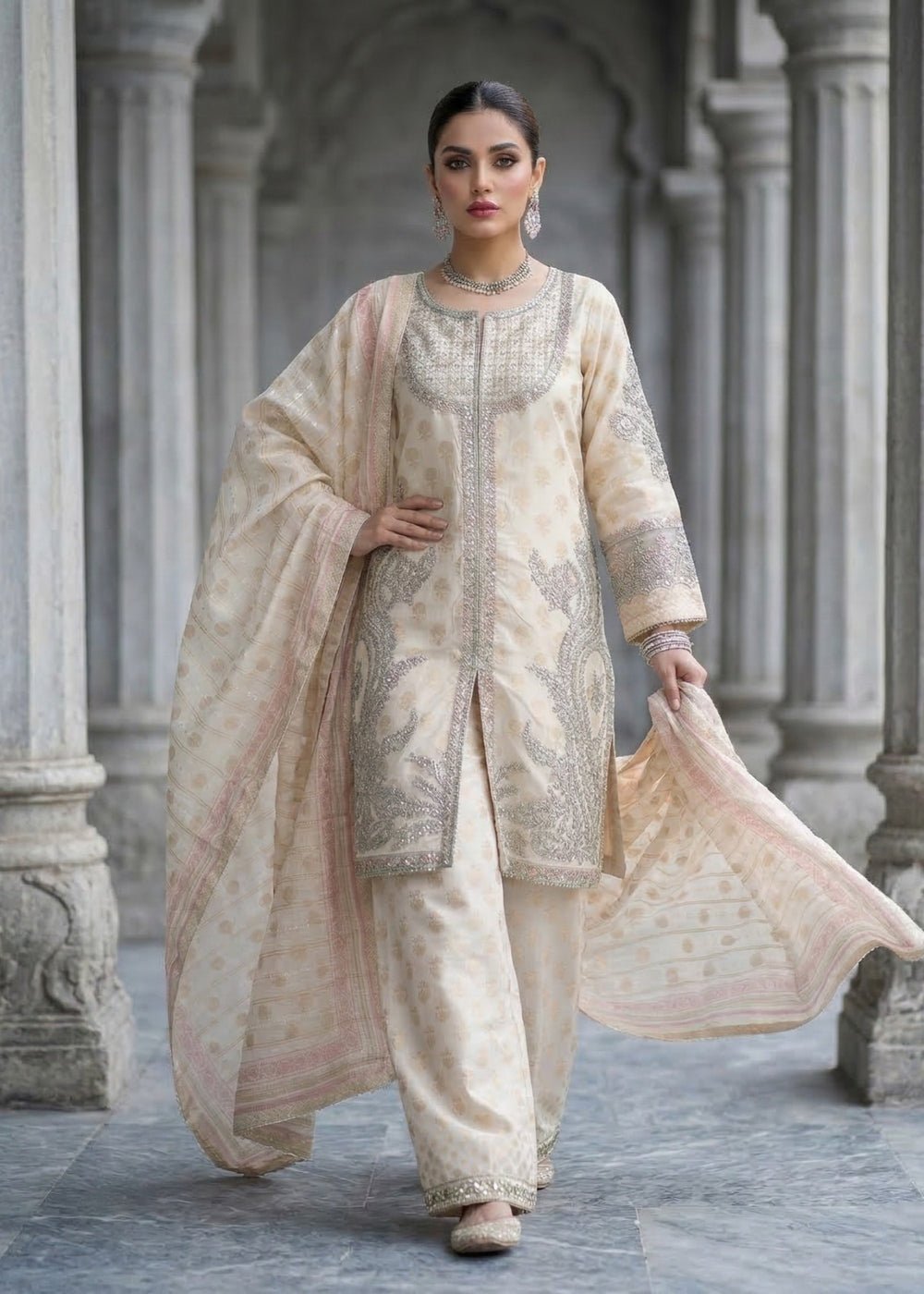 Diara Couture | Eid Lawn 26 | EID. SHARMEEN-Brand:Diara Couture-Type:Ladies Clothes-Ivory-Jacquard-House of Maryam- Buy in UK, USA