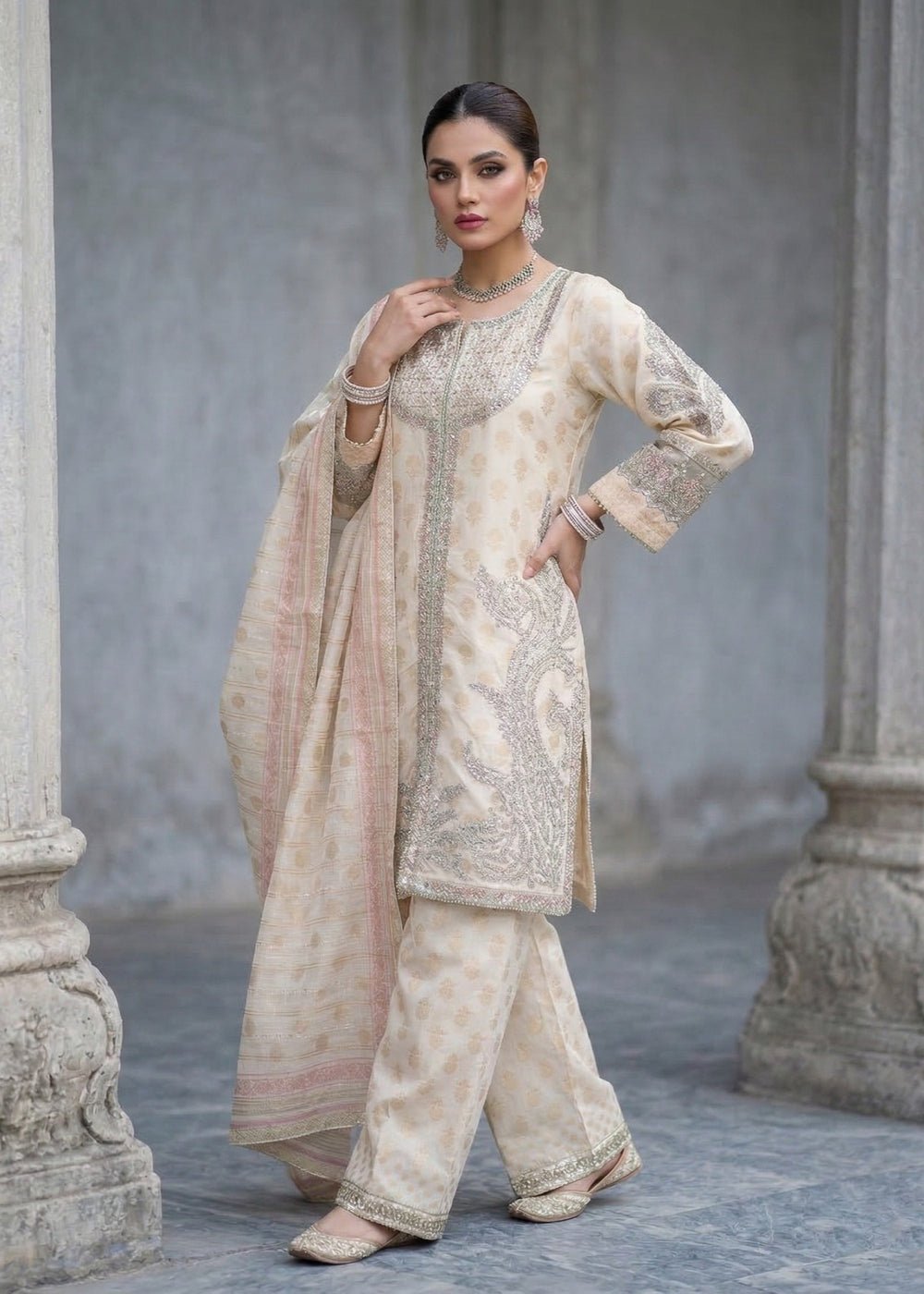 Diara Couture | Eid Lawn 26 | EID. SHARMEEN-Brand:Diara Couture-Type:Ladies Clothes-Ivory-Jacquard-House of Maryam- Buy in UK, USA
