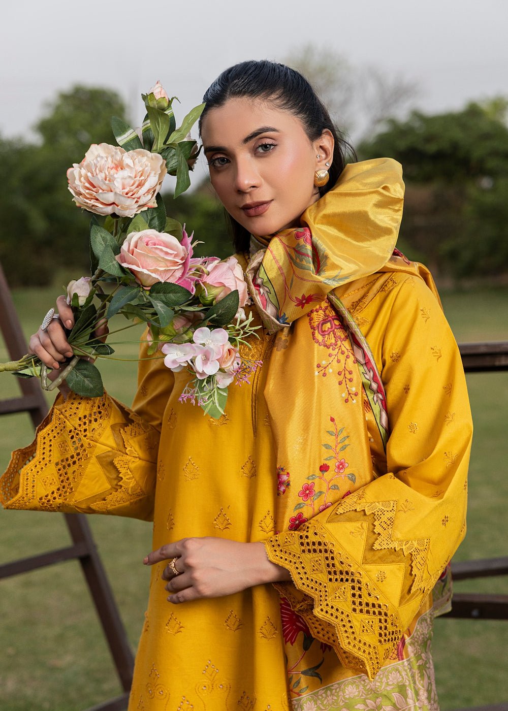 Diara Couture | Eid Lawn 26 |EID. ZELI - ZD-5060-Brand:Diara Couture-Type:Ladies Clothes-Mustard Yellow-Cotton-House of Maryam- Buy in UK, USA