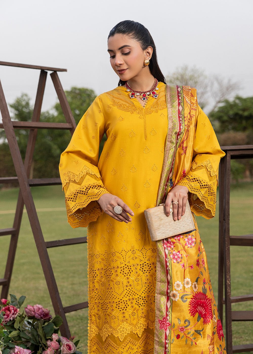 Diara Couture | Eid Lawn 26 |EID. ZELI - ZD-5060-Brand:Diara Couture-Type:Ladies Clothes-Mustard Yellow-Cotton-House of Maryam- Buy in UK, USA