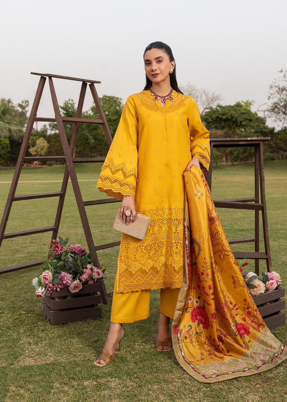 Diara Couture | Eid Lawn 26 |EID. ZELI - ZD-5060-Brand:Diara Couture-Type:Ladies Clothes-Mustard Yellow-Cotton-House of Maryam- Buy in UK, USA