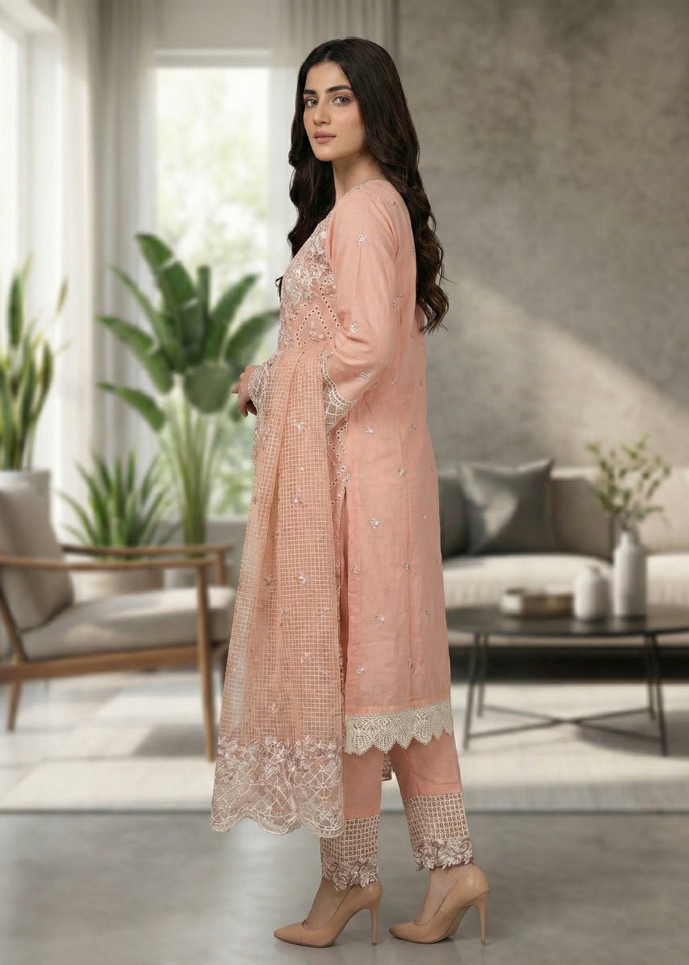 Diara Couture | Eid Lawn 26 | EID. ZOHAY - ZD-102-Brand:Diara Couture-Type:Ladies Clothes-Pale Peach-Lawn-House of Maryam- Buy in UK, USA