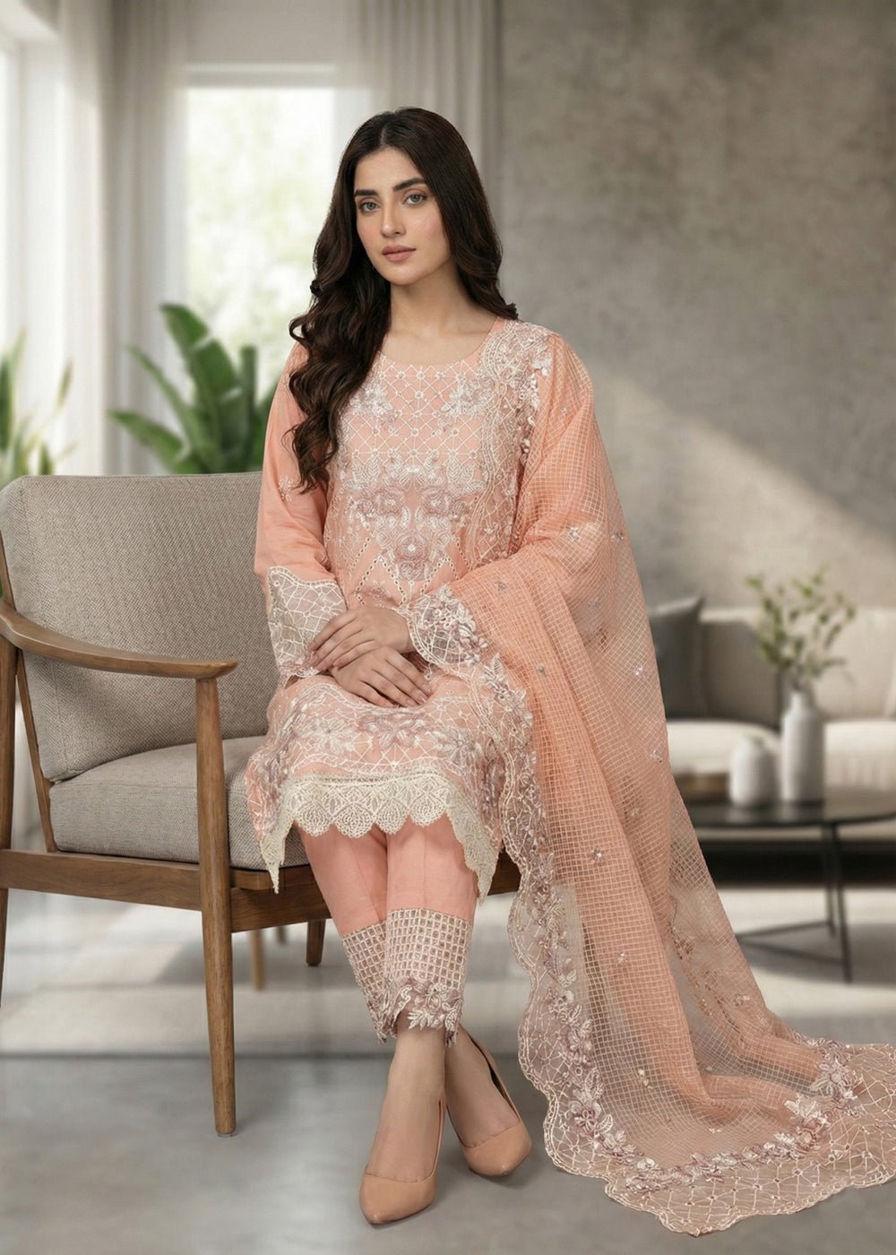 Diara Couture | Eid Lawn 26 | EID. ZOHAY - ZD-102-Brand:Diara Couture-Type:Ladies Clothes-Pale Peach-Lawn-House of Maryam- Buy in UK, USA