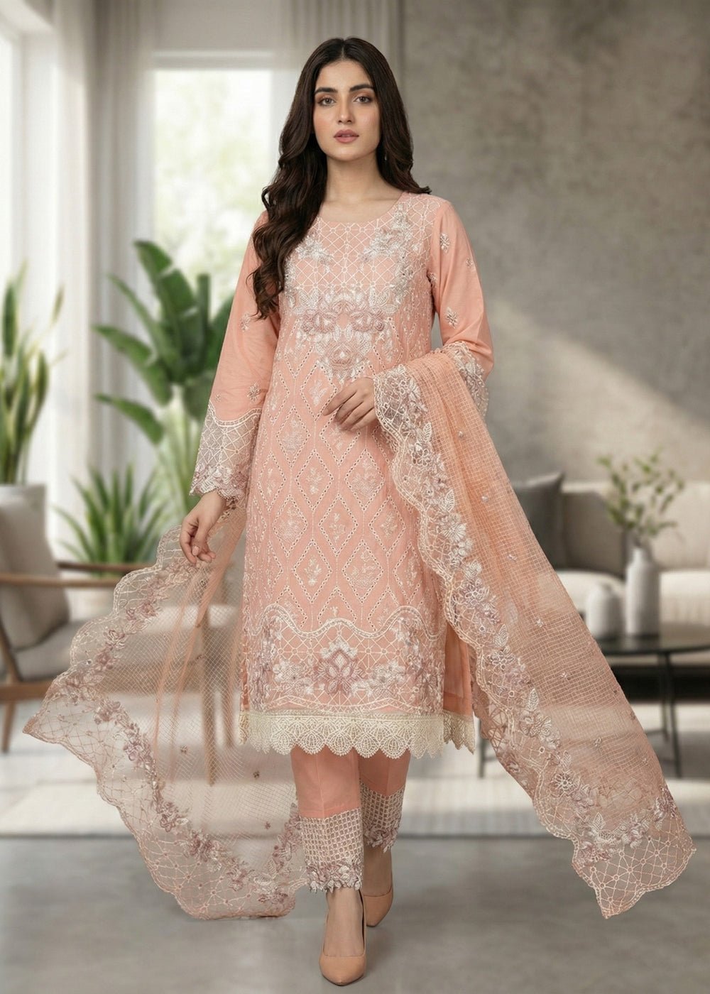Diara Couture | Eid Lawn 26 | EID. ZOHAY - ZD-102-Brand:Diara Couture-Type:Ladies Clothes-Pale Peach-Lawn-House of Maryam- Buy in UK, USA