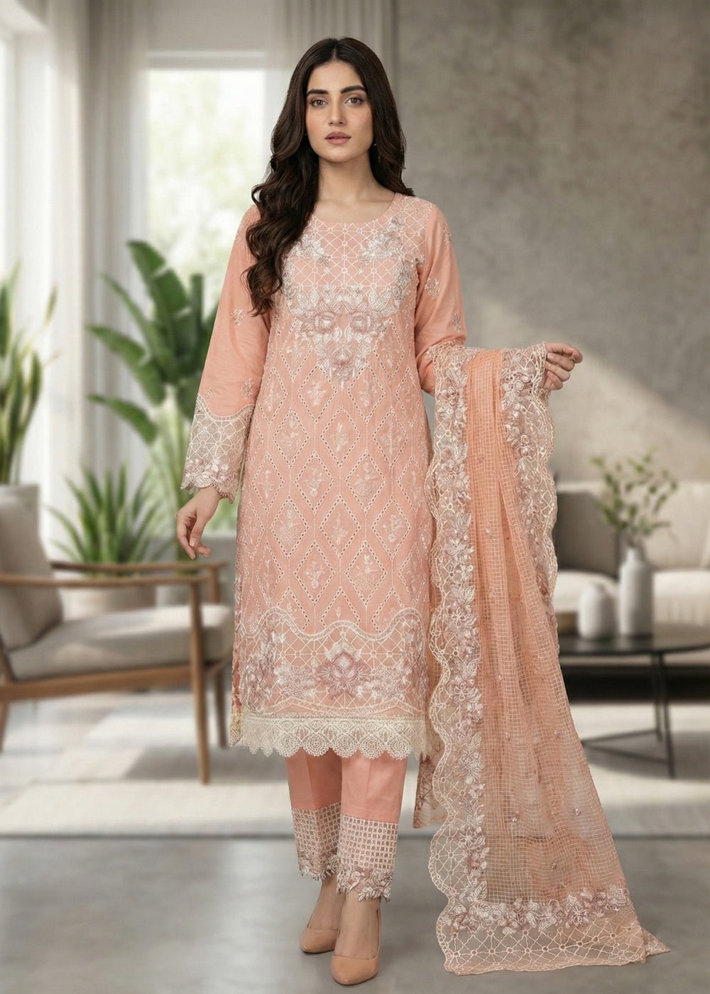 Diara Couture | Eid Lawn 26 | EID. ZOHAY - ZD-102-Brand:Diara Couture-Type:Ladies Clothes-Pale Peach-Lawn-House of Maryam- Buy in UK, USA