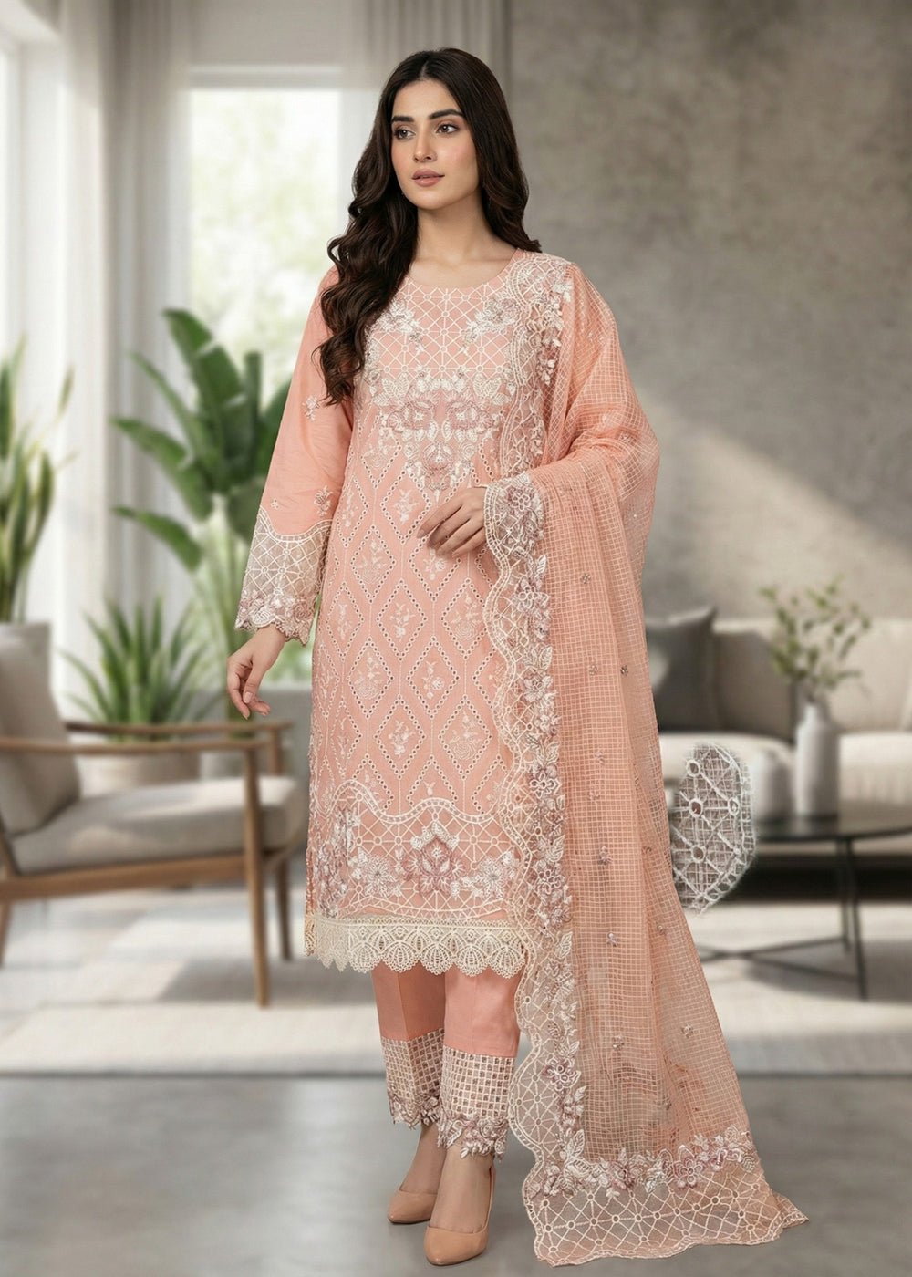 Diara Couture | Eid Lawn 26 | EID. ZOHAY - ZD-102-Brand:Diara Couture-Type:Ladies Clothes-Pale Peach-Lawn-House of Maryam- Buy in UK, USA