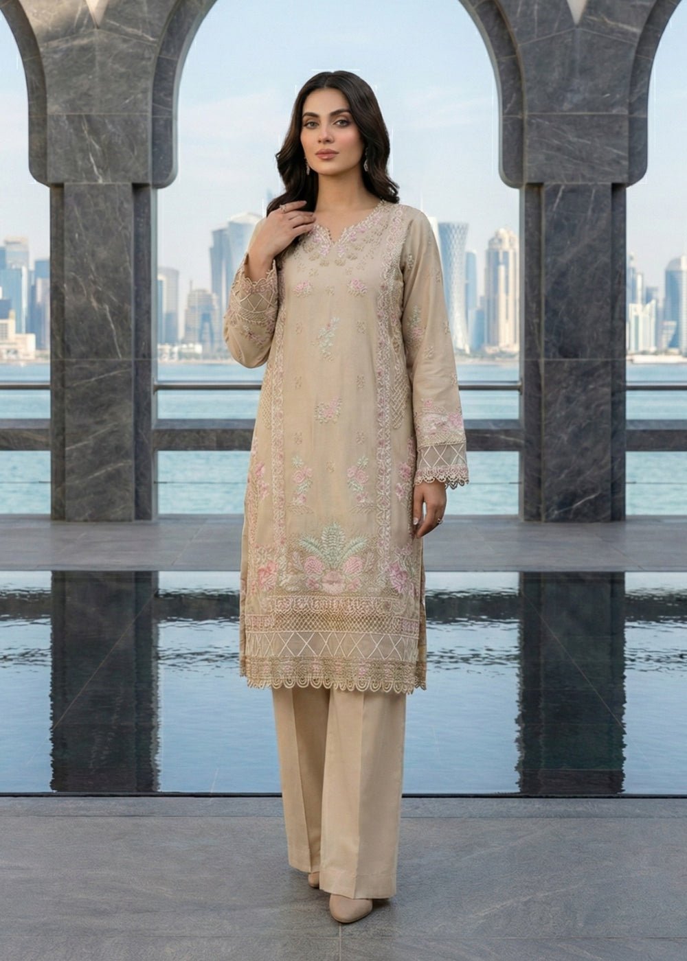 Diara Couture | Eid Lawn 26 | FEYRE - UN-114-Brand:Diara Couture-Type:Ladies Clothes-Beige-Lawn-House of Maryam- Buy in UK, USA