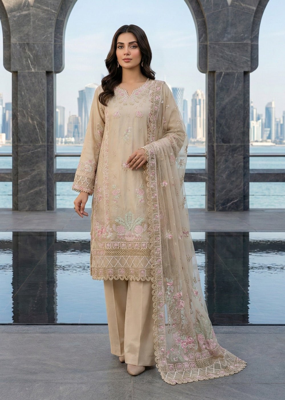 Diara Couture | Eid Lawn 26 | FEYRE - UN-114-Brand:Diara Couture-Type:Ladies Clothes-Beige-Lawn-House of Maryam- Buy in UK, USA