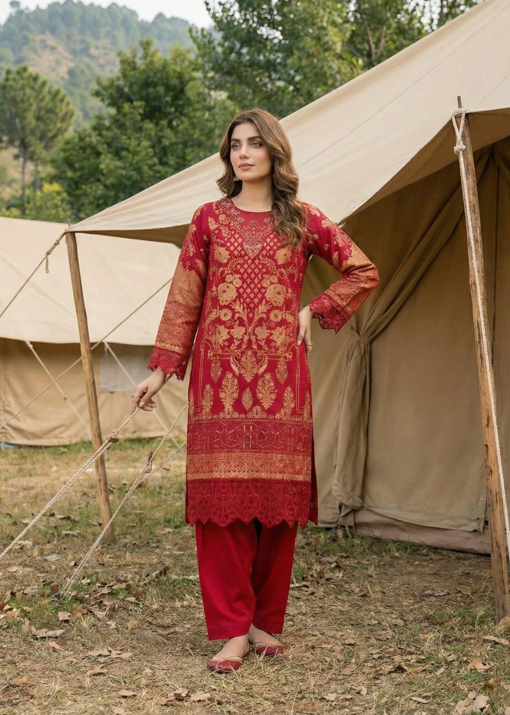 Diara Couture | Eid Lawn 26 | GLEAM - ZD-19-Brand:Diara Couture-Type:Ladies Clothes-Red-Jacquard-House of Maryam- Buy in UK, USA