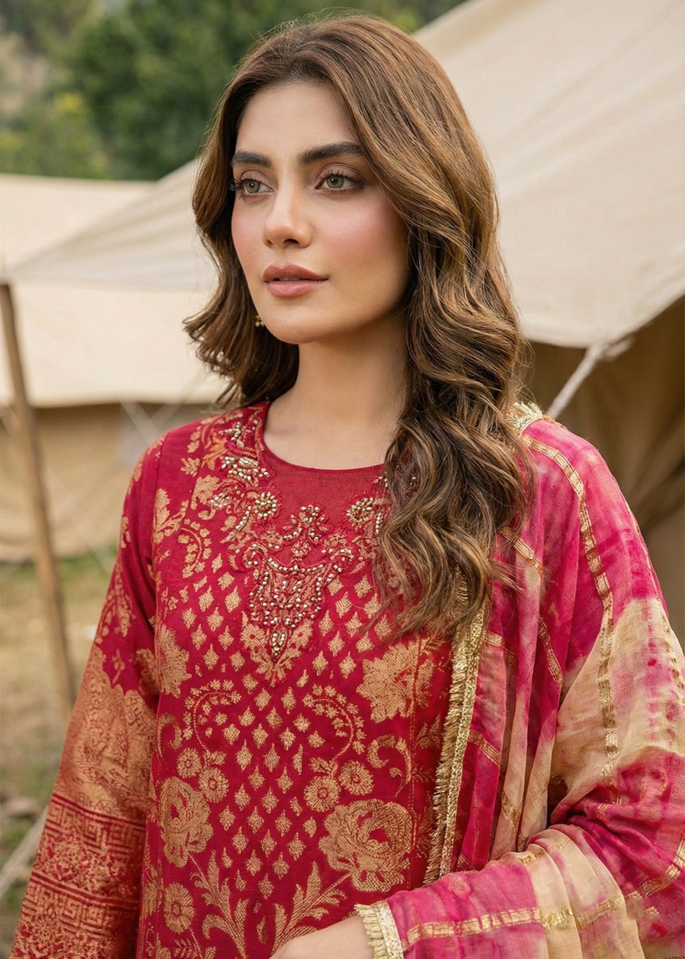 Diara Couture | Eid Lawn 26 | GLEAM - ZD-19-Brand:Diara Couture-Type:Ladies Clothes-Red-Jacquard-House of Maryam- Buy in UK, USA