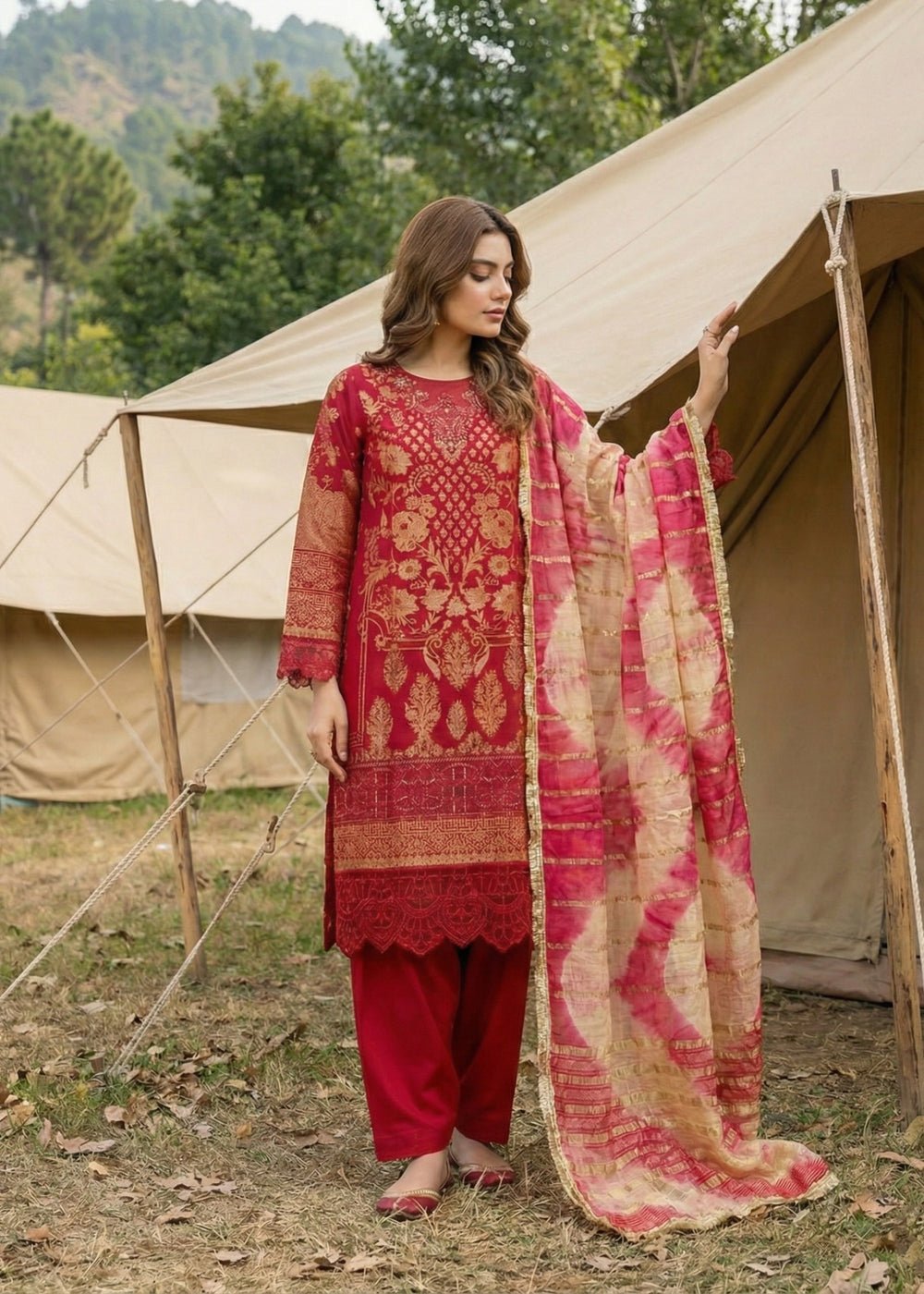 Diara Couture | Eid Lawn 26 | GLEAM - ZD-19-Brand:Diara Couture-Type:Ladies Clothes-Red-Jacquard-House of Maryam- Buy in UK, USA