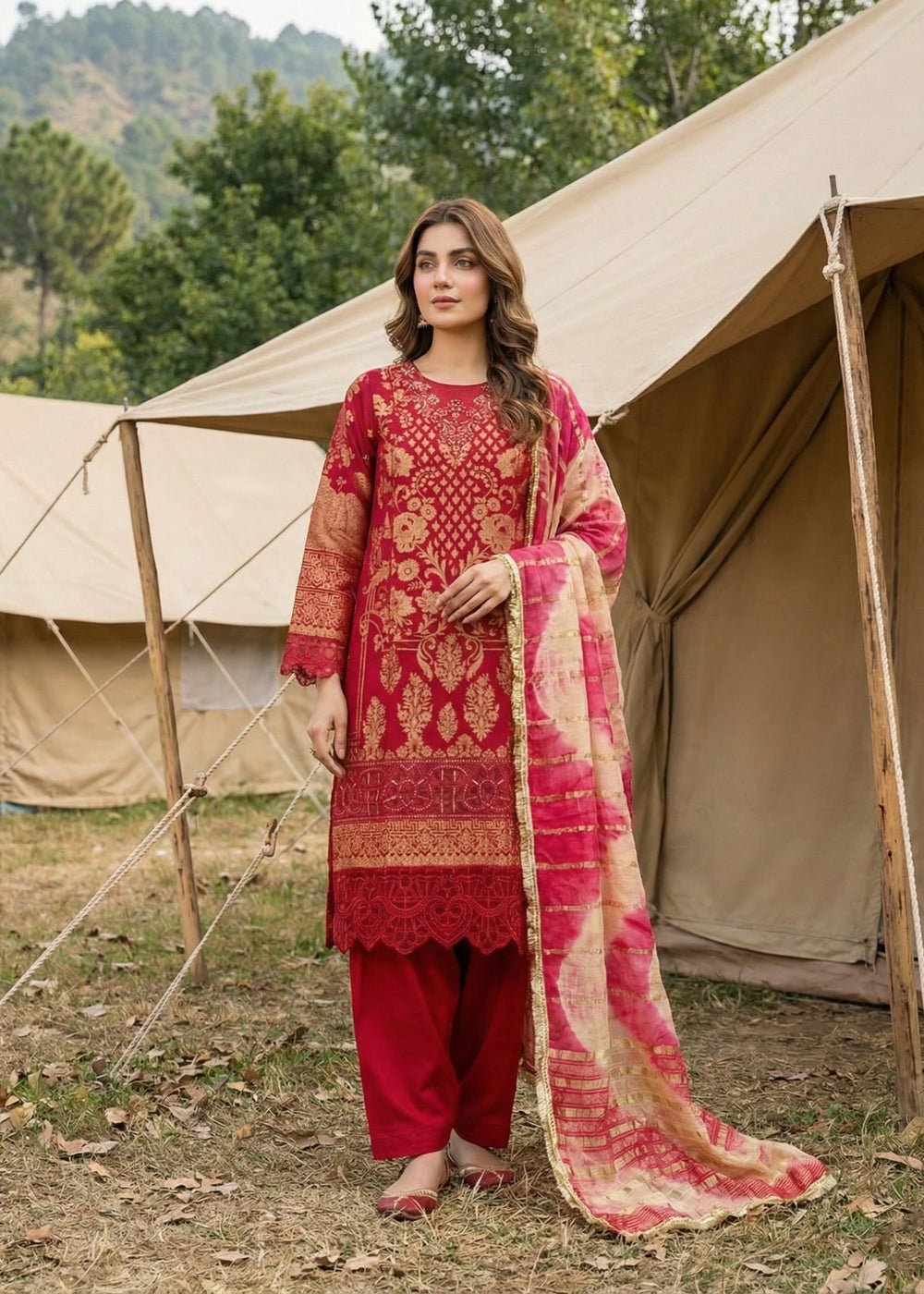 Diara Couture | Eid Lawn 26 | GLEAM - ZD-19-Brand:Diara Couture-Type:Ladies Clothes-Red-Jacquard-House of Maryam- Buy in UK, USA