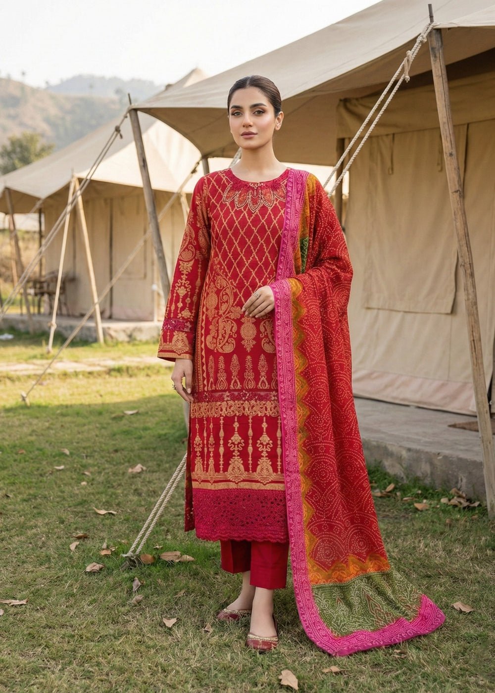 Diara Couture | Eid Lawn 26 | GLEAM - ZD-19-Brand:Diara Couture-Type:Ladies Clothes-Red-Lawn-House of Maryam- Buy in UK, USA