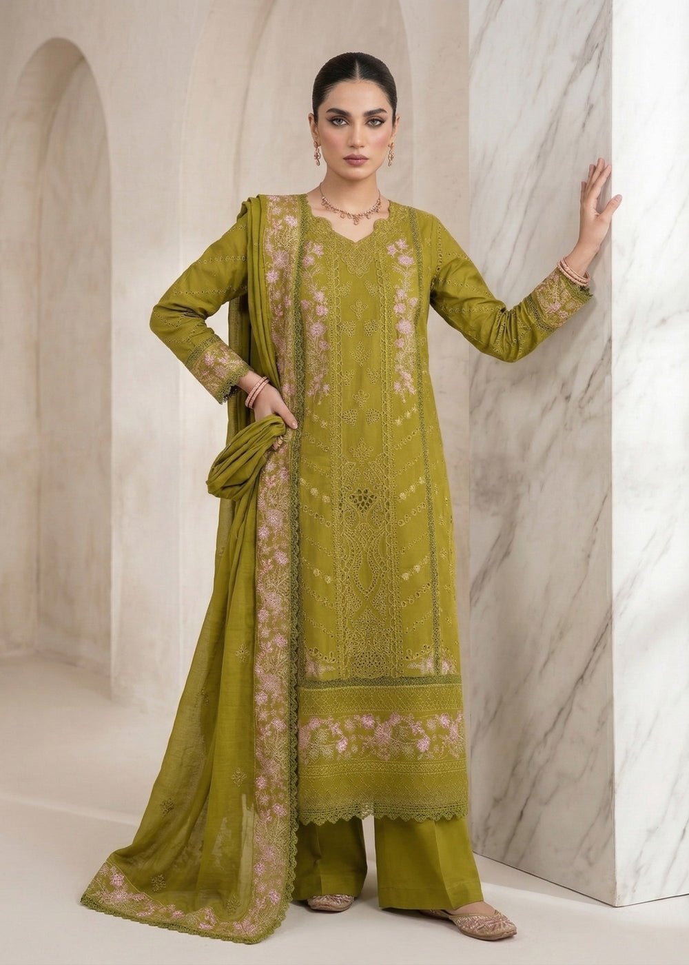 Diara Couture | Eid Lawn 26 | LAWN - LP-07-Brand:Diara Couture-Type:Ladies Clothes-Mehndi Green-Lawn-House of Maryam- Buy in UK, USA