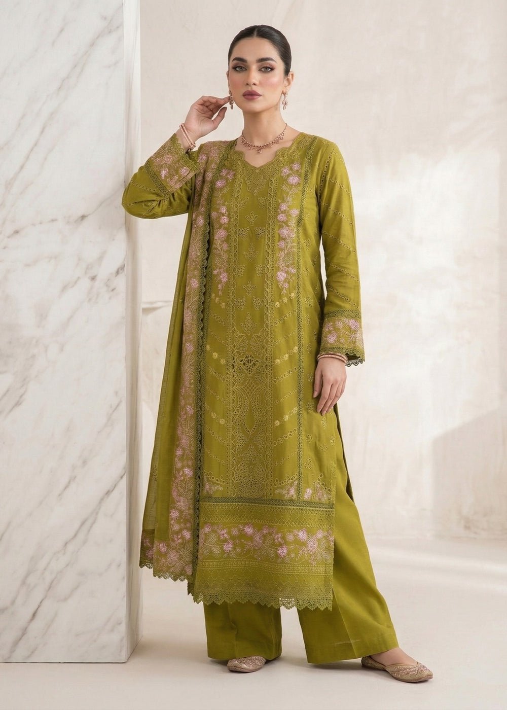 Diara Couture | Eid Lawn 26 | LAWN - LP-07-Brand:Diara Couture-Type:Ladies Clothes-Mehndi Green-Lawn-House of Maryam- Buy in UK, USA
