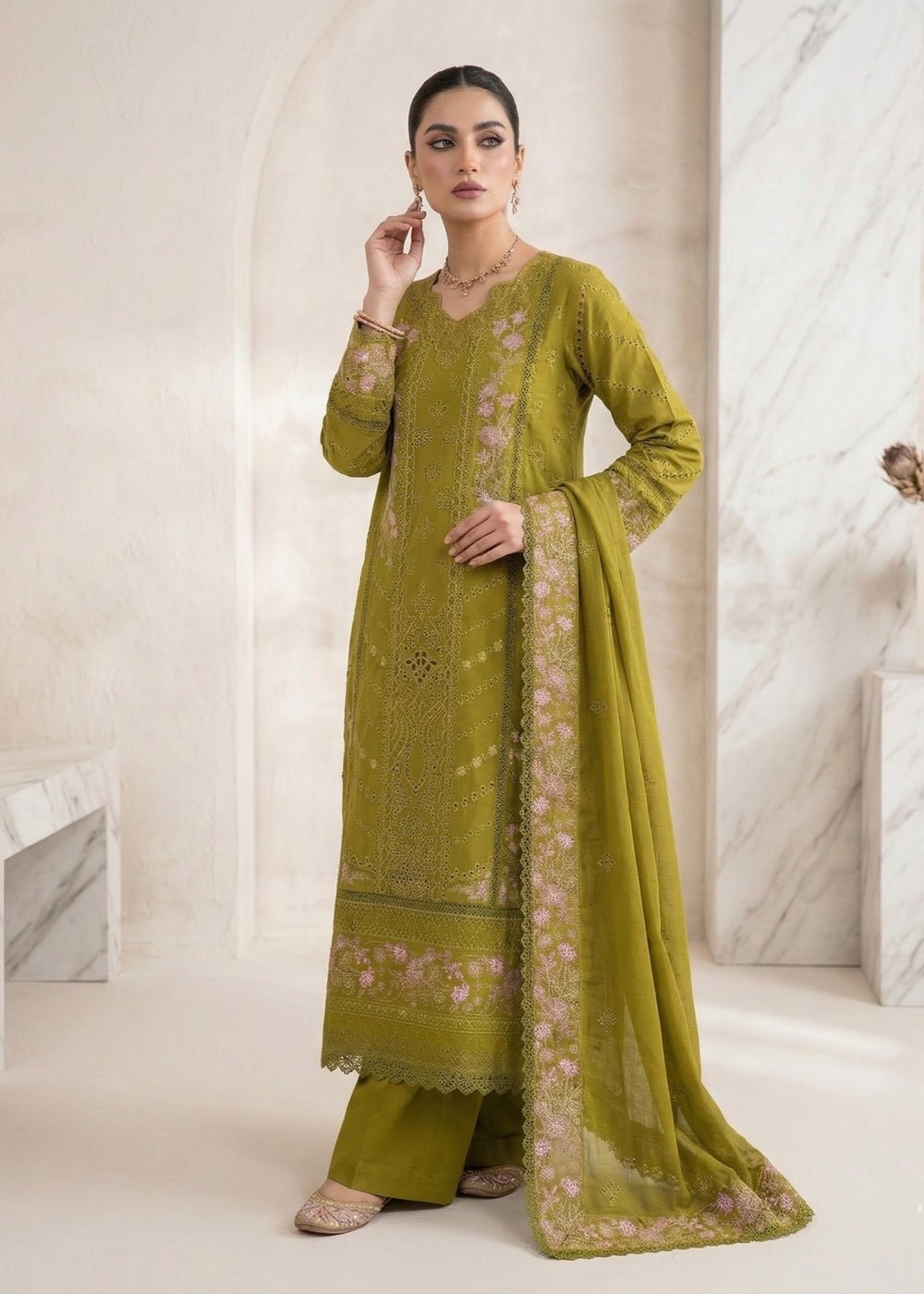 Diara Couture | Eid Lawn 26 | LAWN - LP-07-Brand:Diara Couture-Type:Ladies Clothes-Mehndi Green-Lawn-House of Maryam- Buy in UK, USA