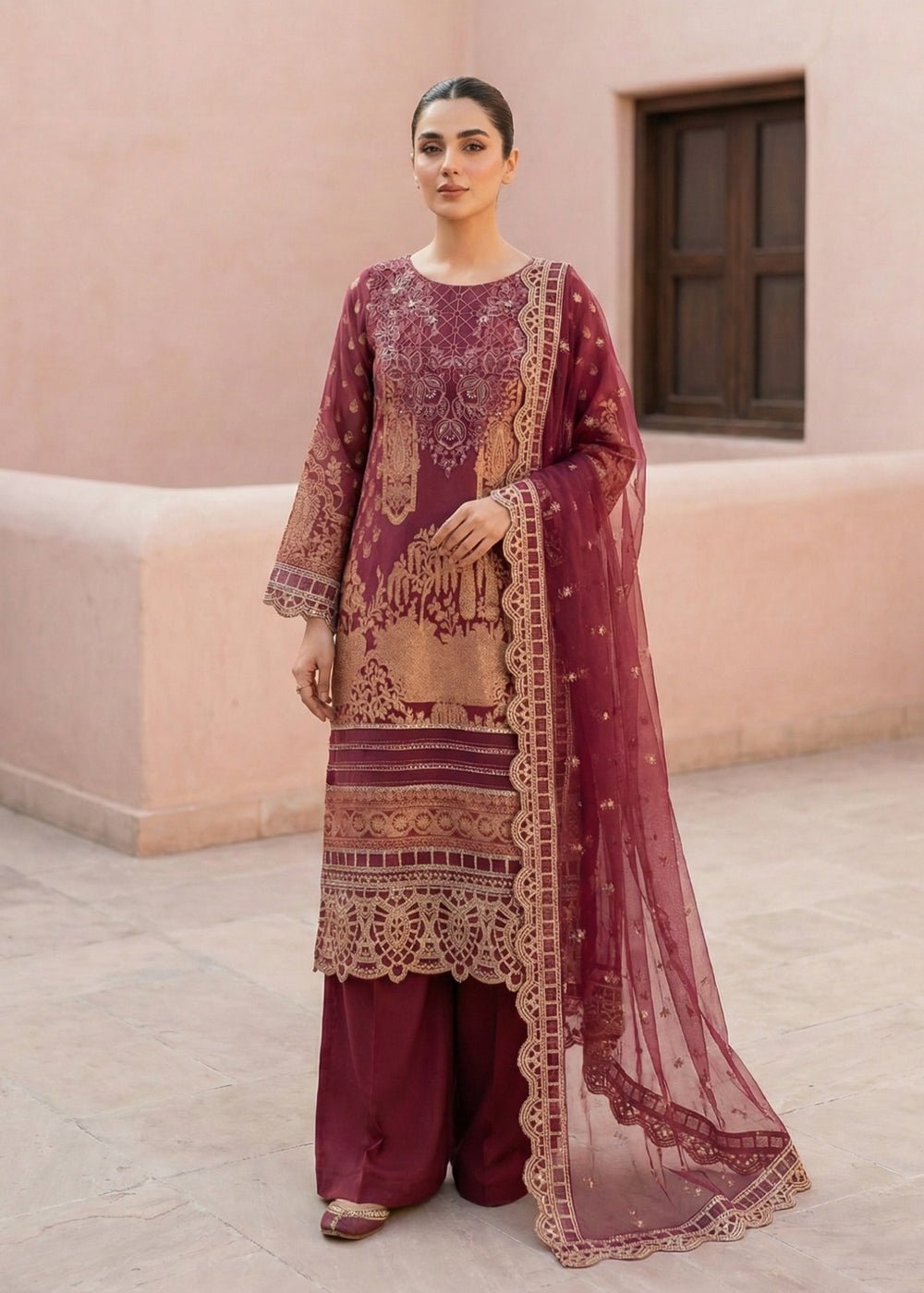 Diara Couture | Eid Lawn 26 | MIRAAJ - LAWN-18-Brand:Diara Couture-Type:Ladies Clothes-Coral Brown-Lawn-House of Maryam- Buy in UK, USA