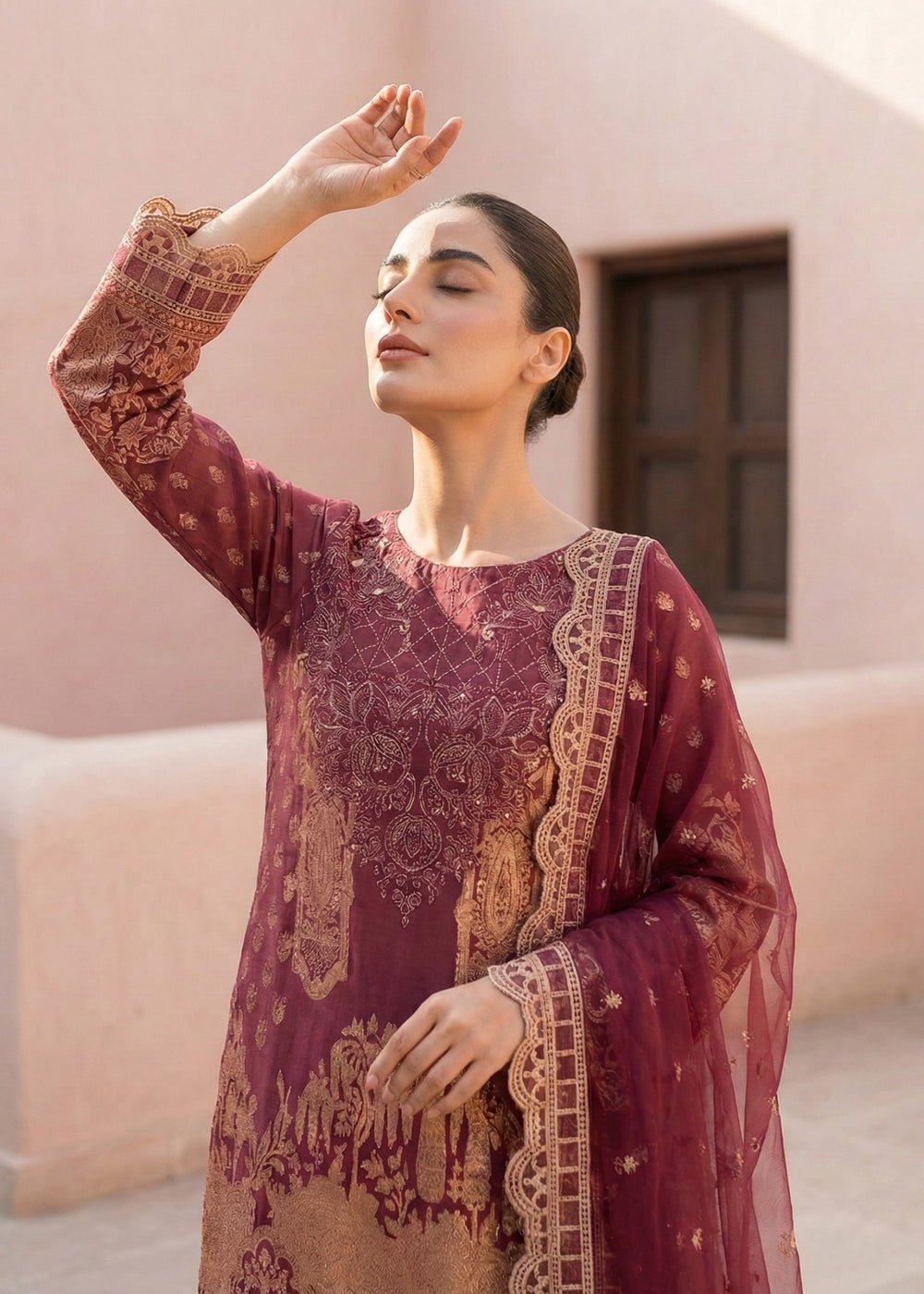 Diara Couture | Eid Lawn 26 | MIRAAJ - LAWN-18-Brand:Diara Couture-Type:Ladies Clothes-Coral Brown-Lawn-House of Maryam- Buy in UK, USA