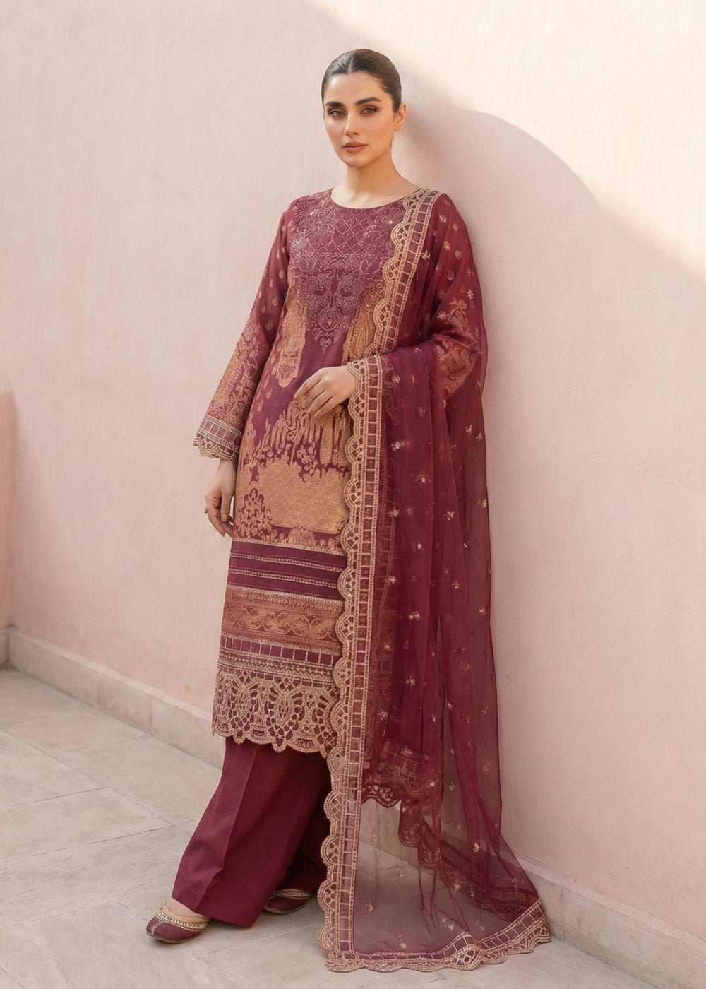 Diara Couture | Eid Lawn 26 | MIRAAJ - LAWN-18-Brand:Diara Couture-Type:Ladies Clothes-Coral Brown-Lawn-House of Maryam- Buy in UK, USA