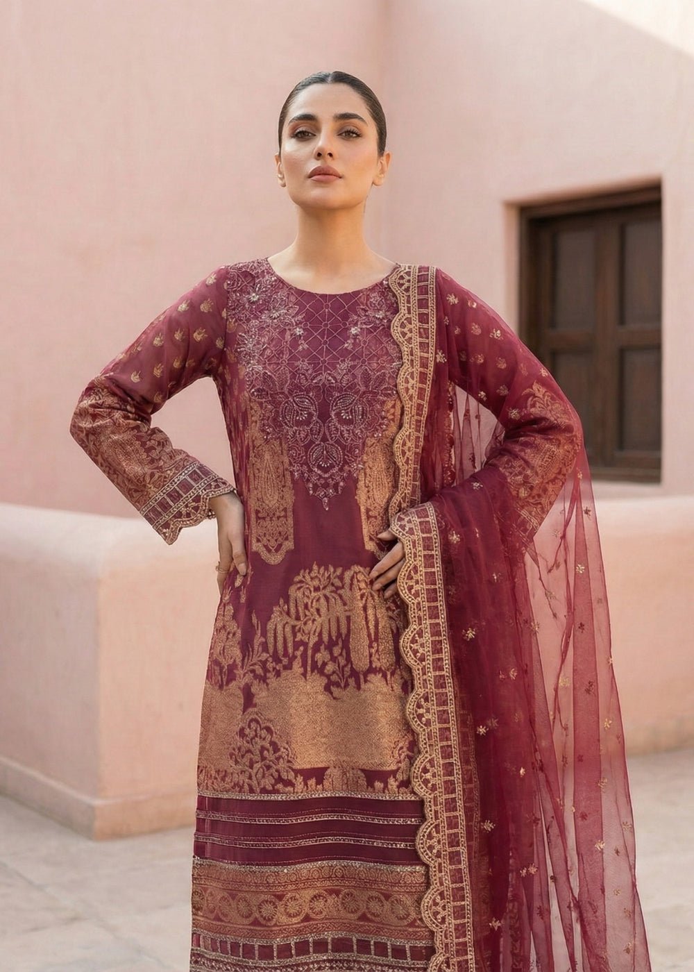 Diara Couture | Eid Lawn 26 | MIRAAJ - LAWN-18-Brand:Diara Couture-Type:Ladies Clothes-Coral Brown-Lawn-House of Maryam- Buy in UK, USA