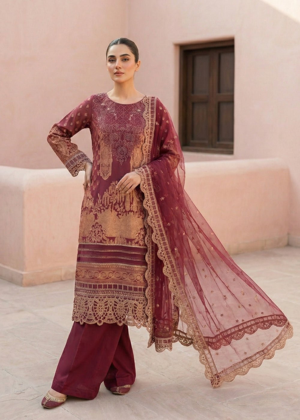 Diara Couture | Eid Lawn 26 | MIRAAJ - LAWN-18-Brand:Diara Couture-Type:Ladies Clothes-Coral Brown-Lawn-House of Maryam- Buy in UK, USA