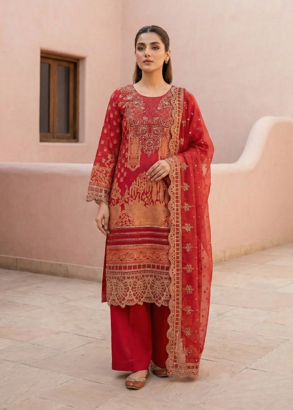 Diara Couture | Eid Lawn 26 | MIRAAJ - LAWN-18-Brand:Diara Couture-Type:Ladies Clothes-Red-Lawn-House of Maryam- Buy in UK, USA