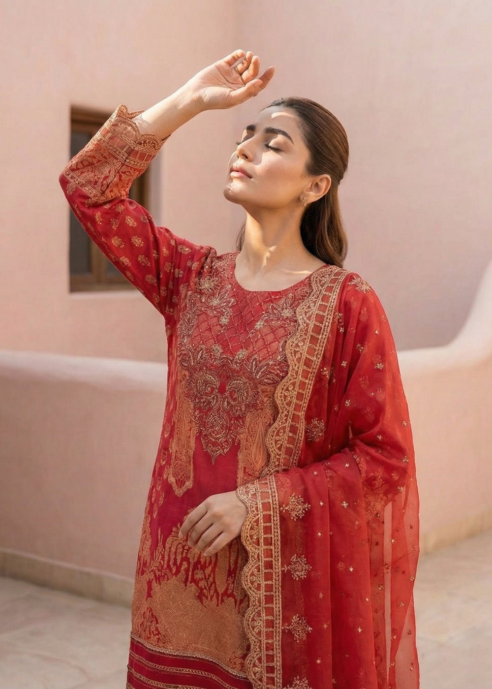 Diara Couture | Eid Lawn 26 | MIRAAJ - LAWN-18-Brand:Diara Couture-Type:Ladies Clothes-Red-Lawn-House of Maryam- Buy in UK, USA