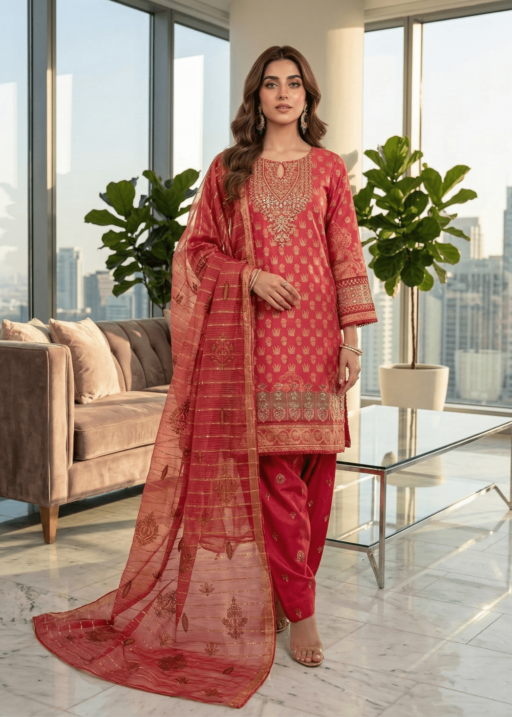 Diara Couture | Eid Lawn 26 | NAISHA - ZD-23-Brand:Diara Couture-Type:Ladies Clothes-Red-Jacquard-House of Maryam- Buy in UK, USA