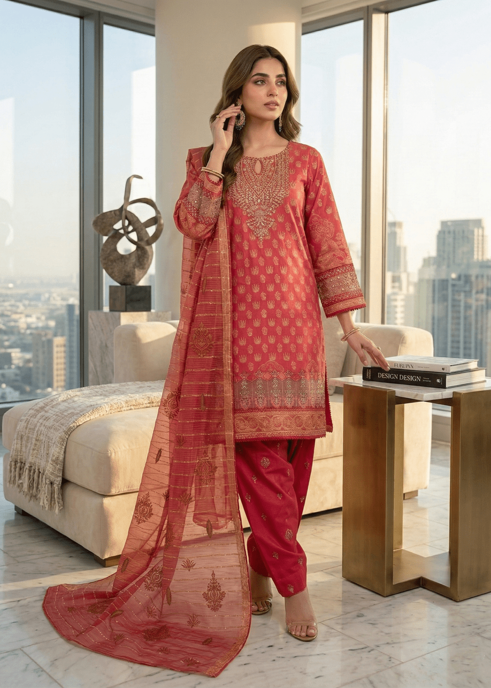 Diara Couture | Eid Lawn 26 | NAISHA - ZD-23-Brand:Diara Couture-Type:Ladies Clothes-Red-Jacquard-House of Maryam- Buy in UK, USA
