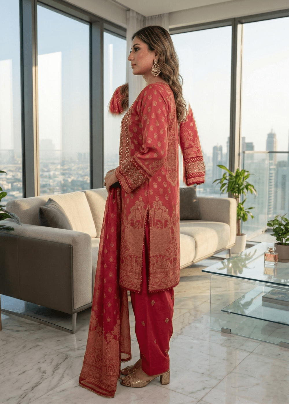 Diara Couture | Eid Lawn 26 | NAISHA - ZD-23-Brand:Diara Couture-Type:Ladies Clothes-Red-Jacquard-House of Maryam- Buy in UK, USA