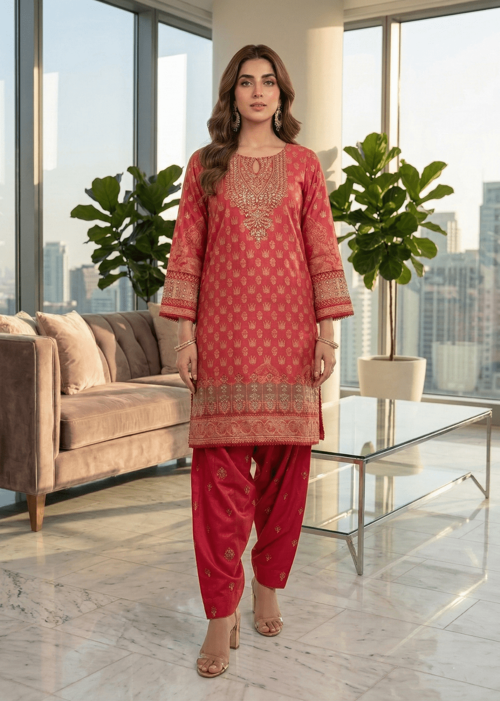 Diara Couture | Eid Lawn 26 | NAISHA - ZD-23-Brand:Diara Couture-Type:Ladies Clothes-Red-Jacquard-House of Maryam- Buy in UK, USA